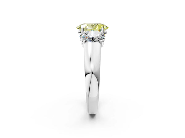 Platinum Three-Stone Fancy Yellow Oval Cut Cut Diamond Ring with Prong Setting and Classic Band