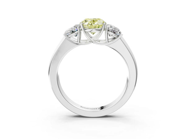 Platinum Three-Stone Fancy Yellow Oval Cut Cut Diamond Ring with Prong Setting and Classic Band