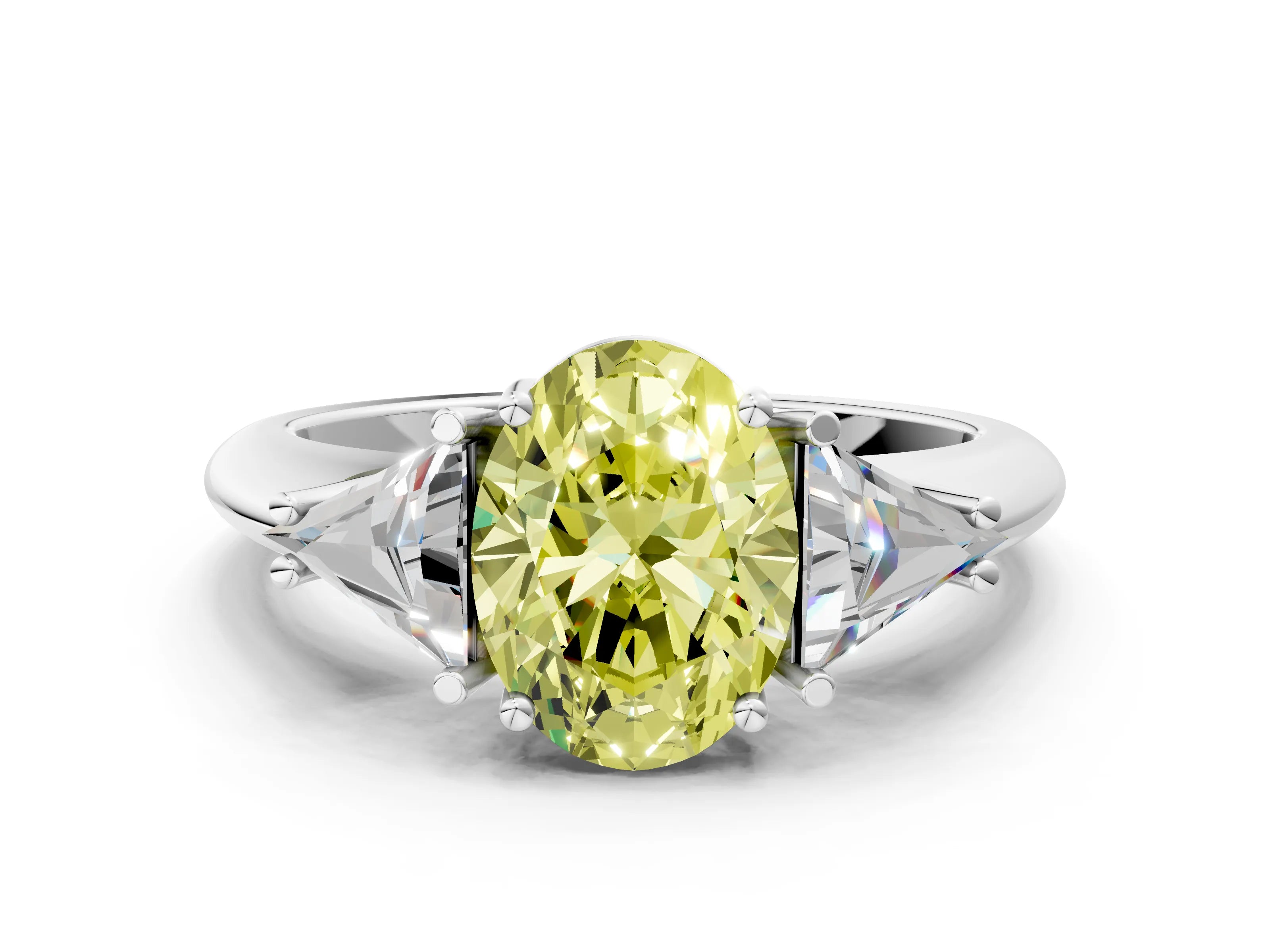White gold Three-Stone Fancy Yellow Oval Cut Cut Diamond Ring with Trillion Side Stones and Four-Prong Setting_11