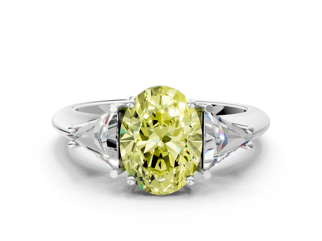 White gold Three-Stone Fancy Yellow Oval Cut Cut Diamond Ring with Trillion Side Stones and Four-Prong Setting_11