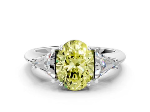 White gold Three-Stone Fancy Yellow Oval Cut Cut Diamond Ring with Trillion Side Stones and Four-Prong Setting_11