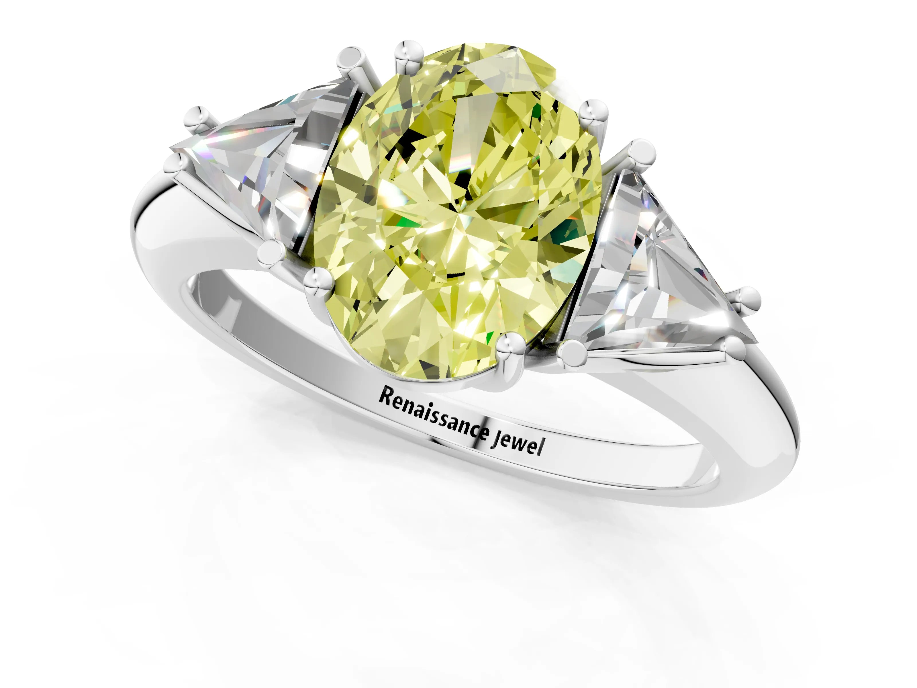 White gold Three-Stone Fancy Yellow Oval Cut Cut Diamond Ring with Trillion Side Stones and Four-Prong Setting_12