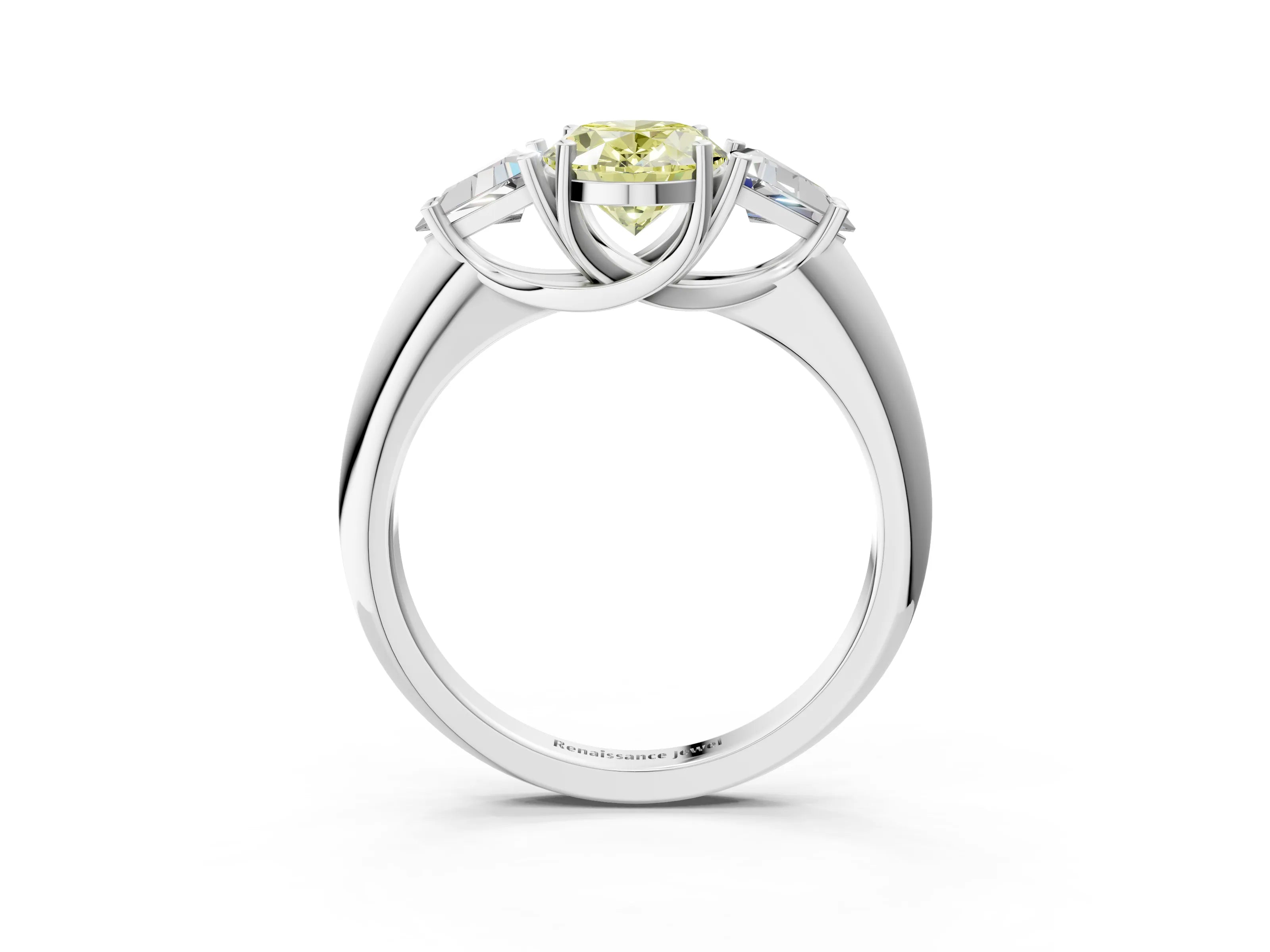 White gold Three-Stone Fancy Yellow Oval Cut Cut Diamond Ring with Trillion Side Stones and Four-Prong Setting_14