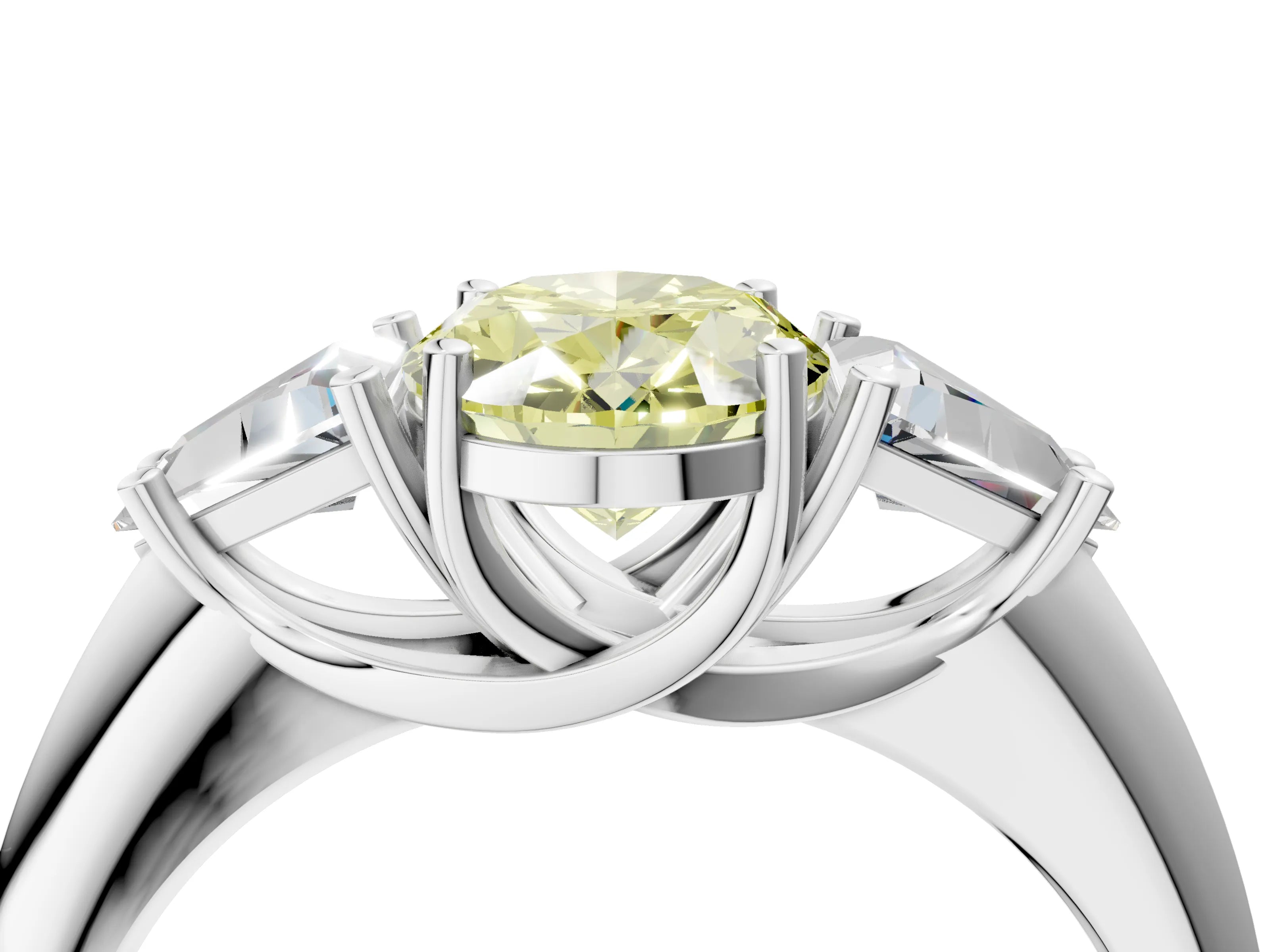 White gold Three-Stone Fancy Yellow Oval Cut Cut Diamond Ring with Trillion Side Stones and Four-Prong Setting_15