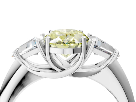 White gold Three-Stone Fancy Yellow Oval Cut Cut Diamond Ring with Trillion Side Stones and Four-Prong Setting_15