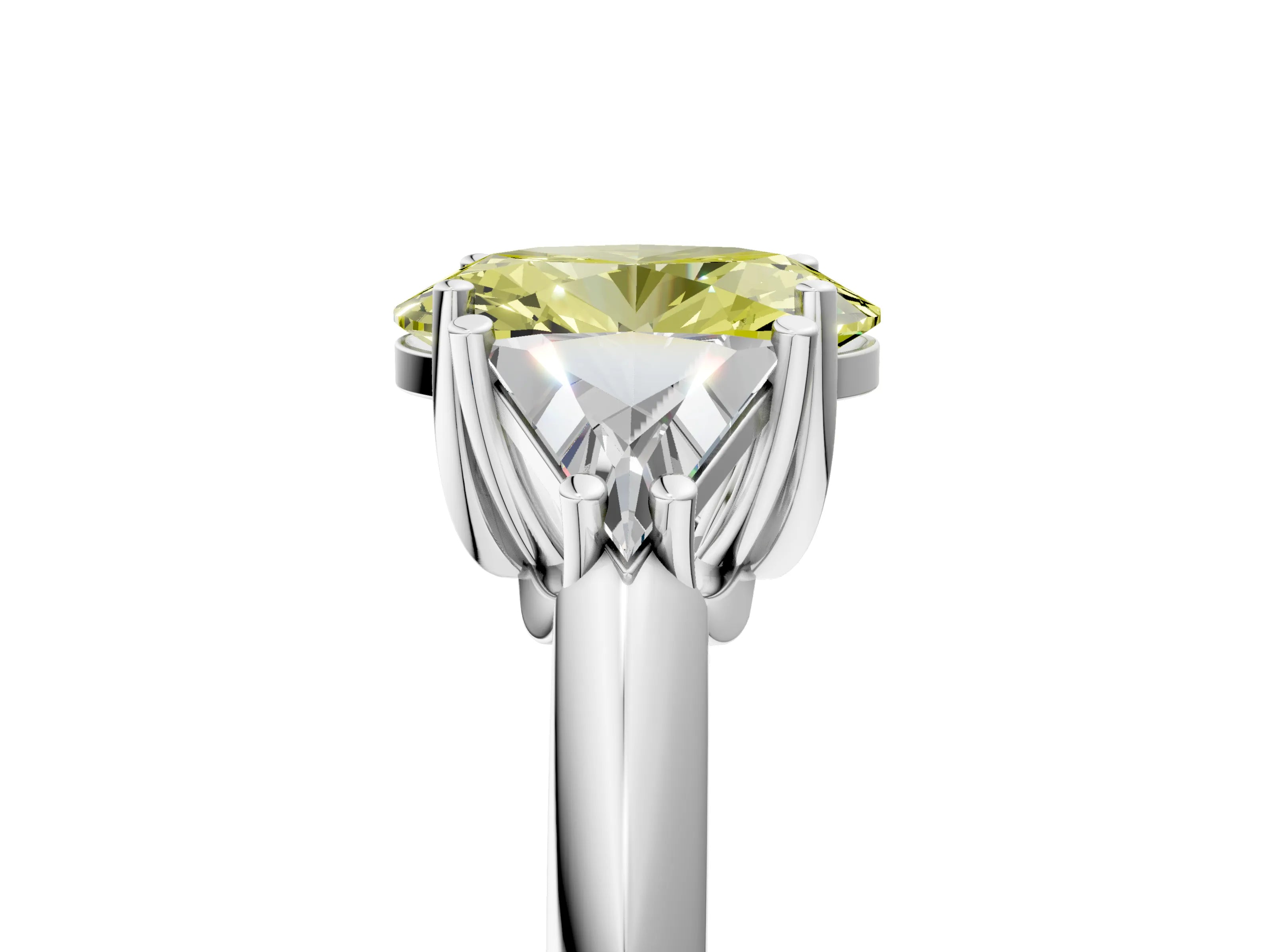 White gold Three-Stone Fancy Yellow Oval Cut Cut Diamond Ring with Trillion Side Stones and Four-Prong Setting_16