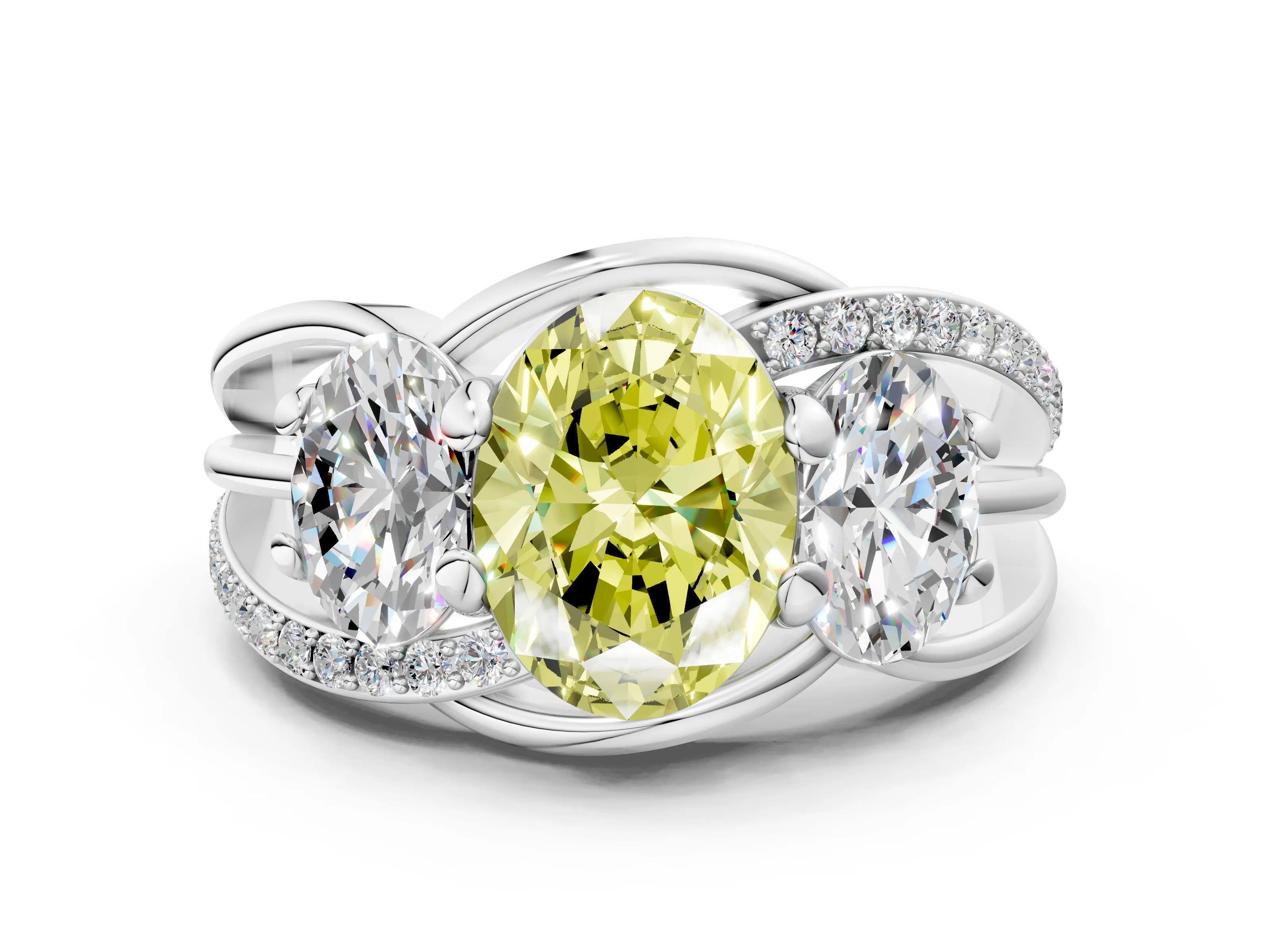 White gold Three-Stone Fancy Yellow Oval Cut Cut Diamond Split Shank Prong Set Ring_12