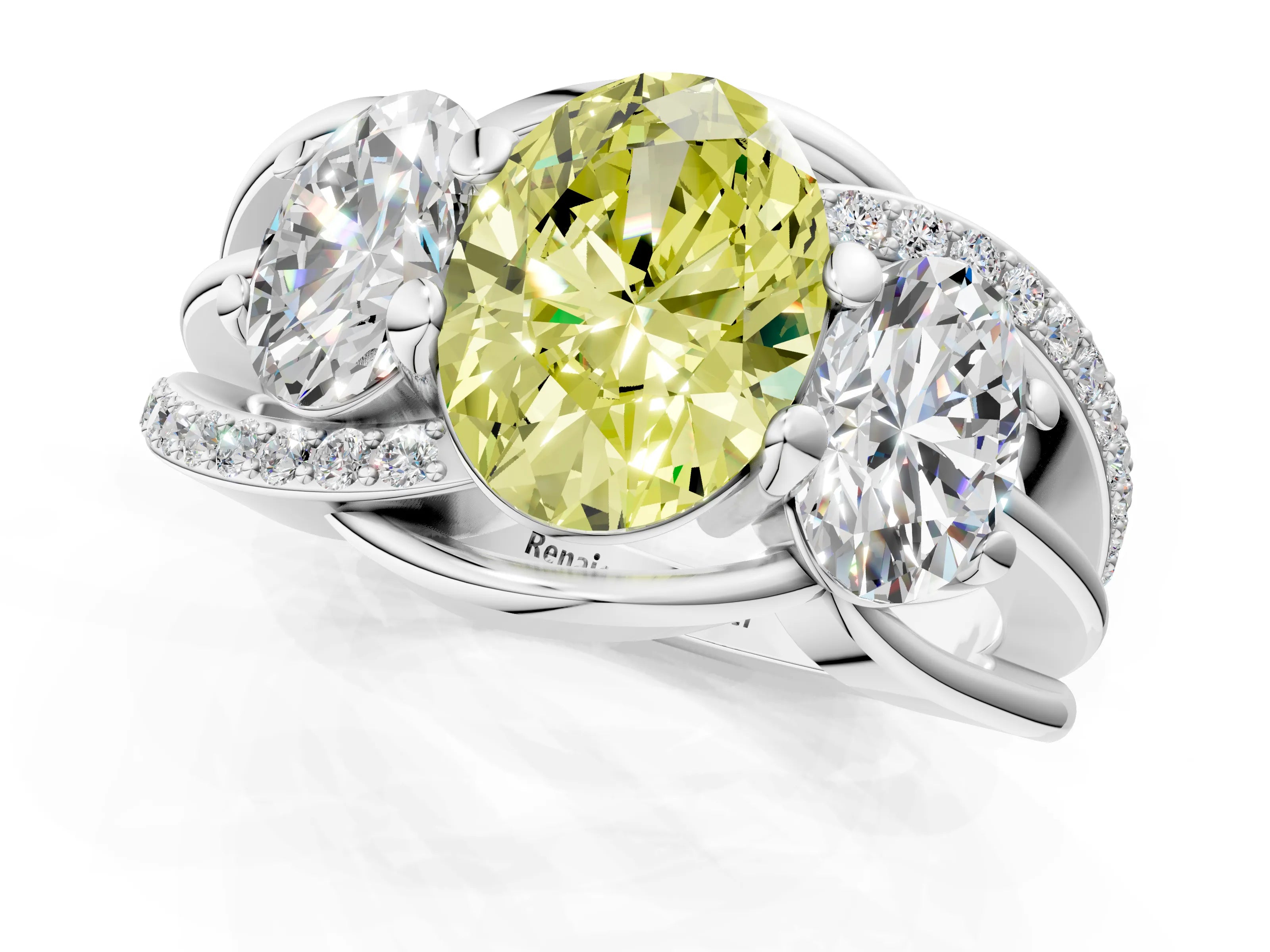 White gold Three-Stone Fancy Yellow Oval Cut Cut Diamond Split Shank Prong Set Ring_13