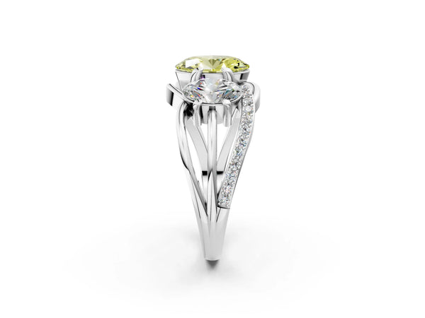 Platinum Three-Stone Fancy Yellow Oval Cut Cut Diamond Split Shank Prong Set Ring