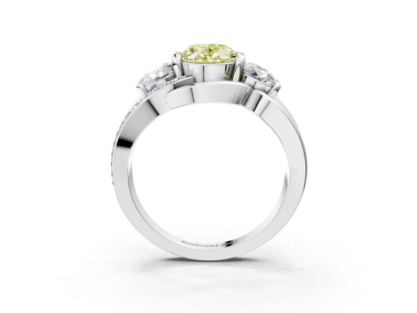 Platinum Three-Stone Fancy Yellow Oval Cut Cut Diamond Split Shank Prong Set Ring