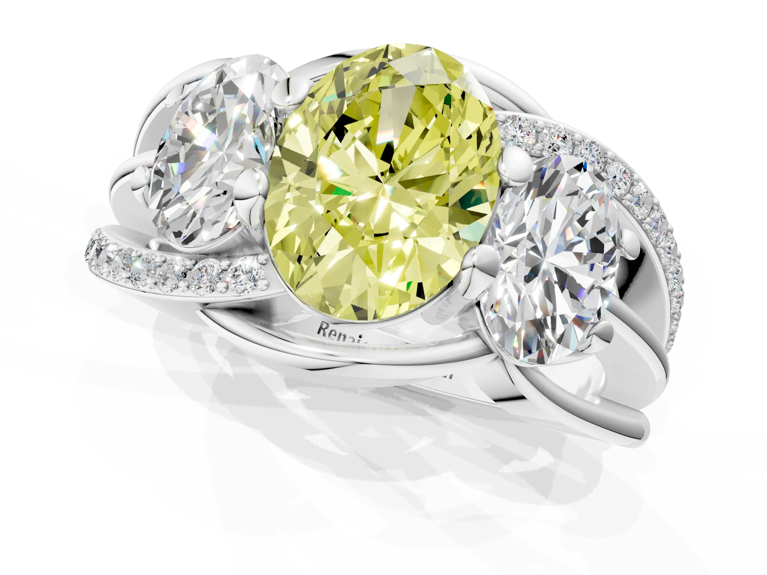 White gold Three-Stone Fancy Yellow Oval Cut Cut Diamond Split Shank Prong Set Ring_1