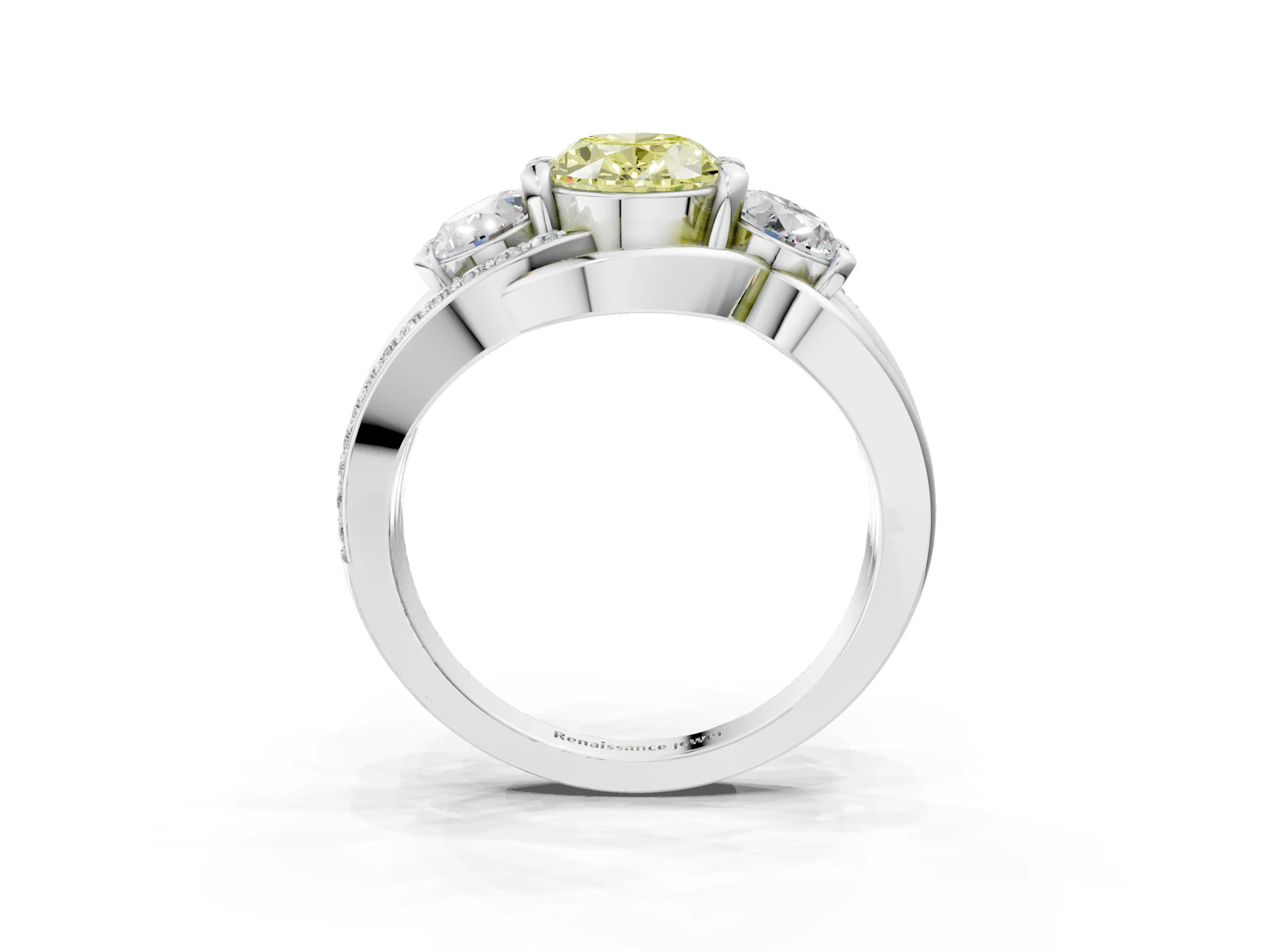 White gold Three-Stone Fancy Yellow Oval Cut Cut Diamond Split Shank Prong Set Ring_3