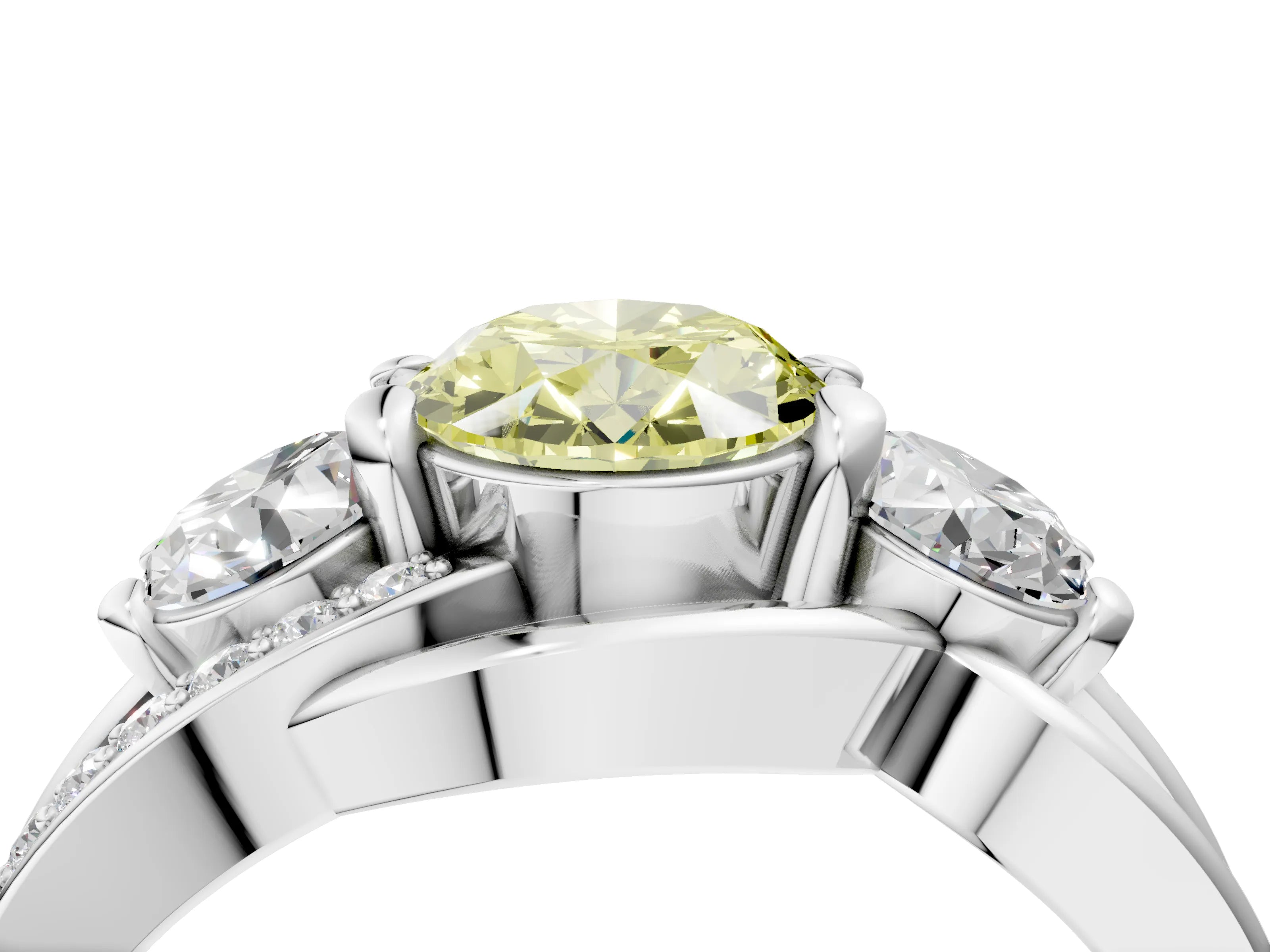 White gold Three-Stone Fancy Yellow Oval Cut Cut Diamond Split Shank Prong Set Ring_4