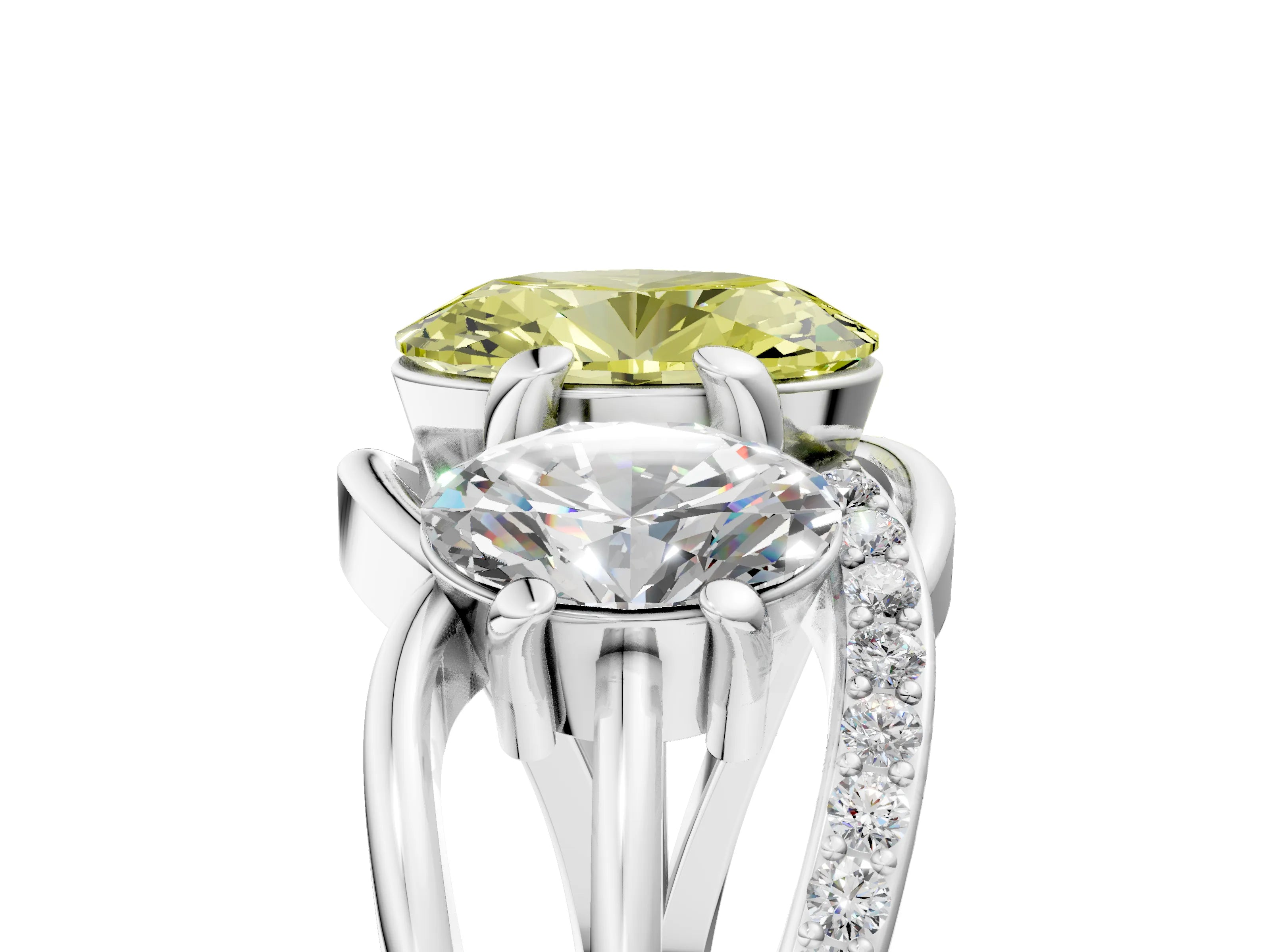 White gold Three-Stone Fancy Yellow Oval Cut Cut Diamond Split Shank Prong Set Ring_5