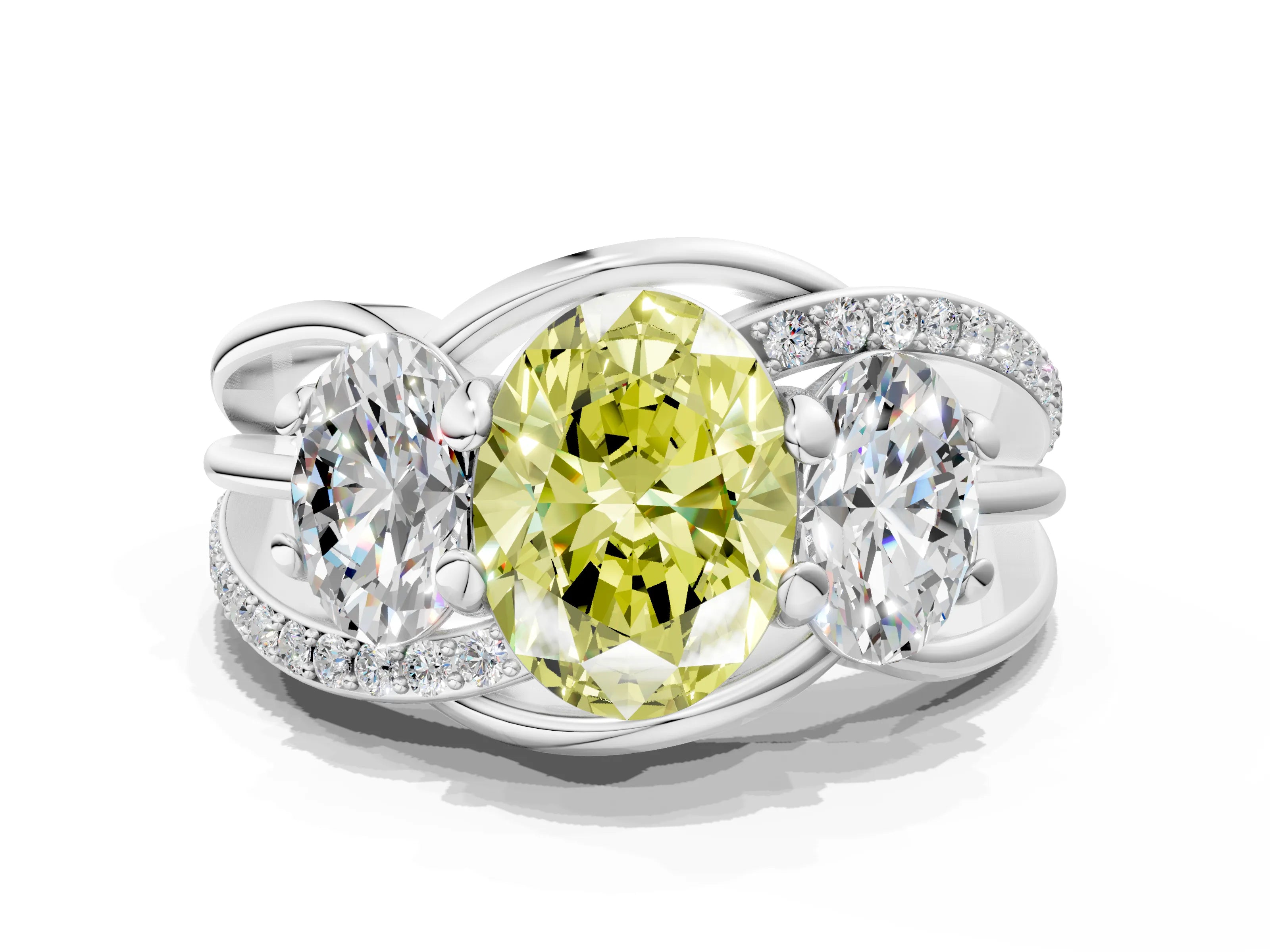 White gold Three-Stone Fancy Yellow Oval Cut Cut Diamond Split Shank Prong Set Ring