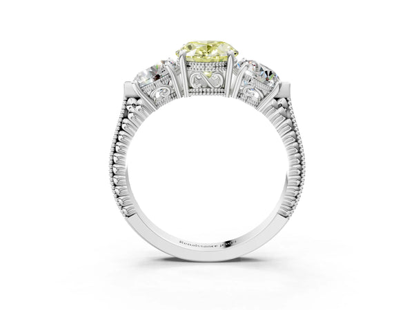 White Gold Oval Vintage Three Stone Engagement Ring Setting for Fancy Yellow Center