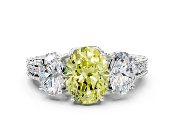 White gold Three-Stone Fancy Yellow Oval Cut Cut Milgrain Pavé Engagement Ring