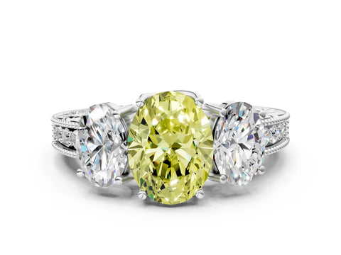 White gold Three-Stone Fancy Yellow Oval Cut Cut Milgrain Pavé Engagement Ring_12