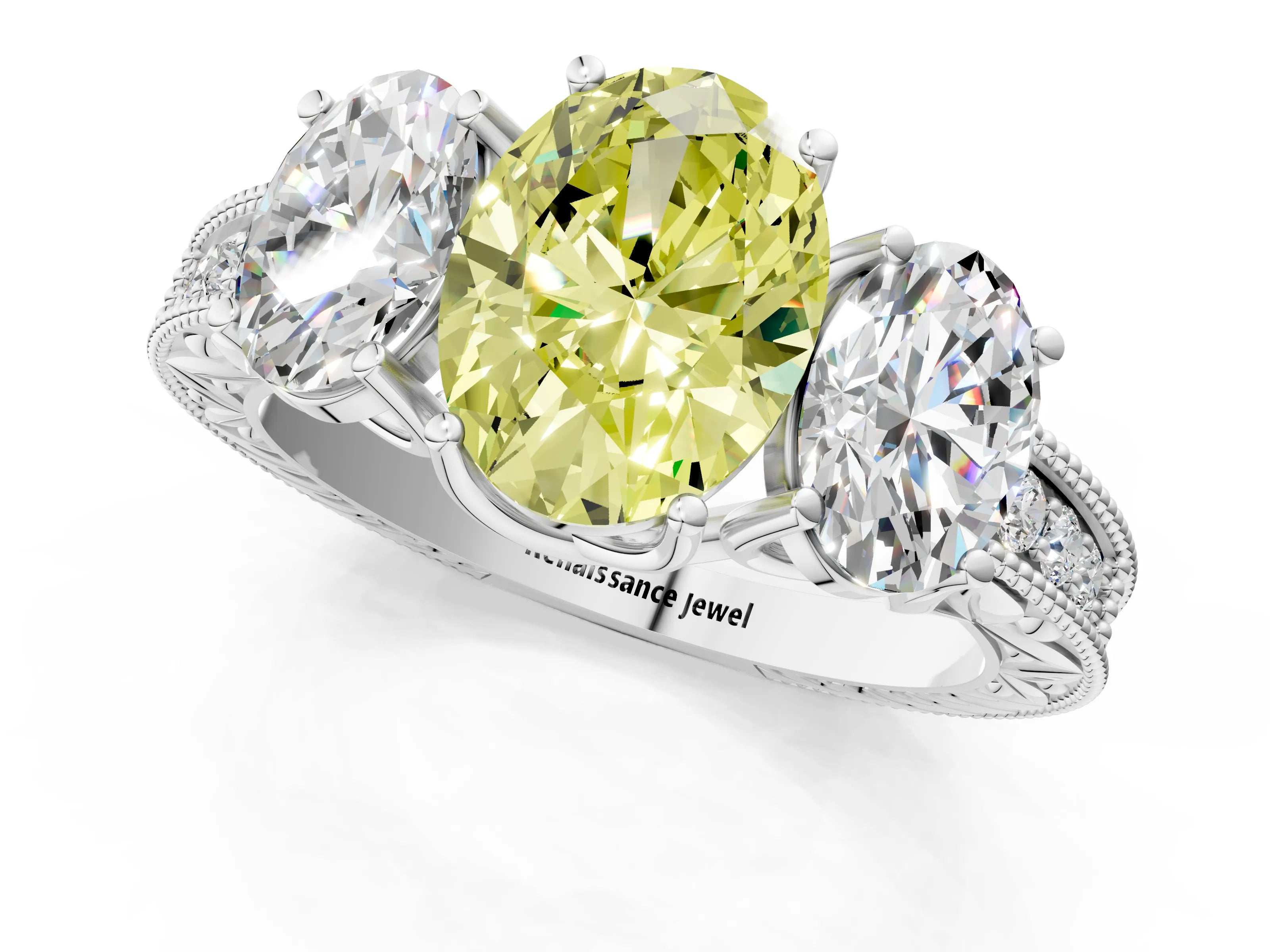 White gold Three-Stone Fancy Yellow Oval Cut Cut Milgrain Pavé Engagement Ring_13