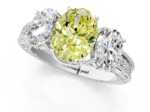 White gold Three-Stone Fancy Yellow Oval Cut Cut Milgrain Pavé Engagement Ring_13