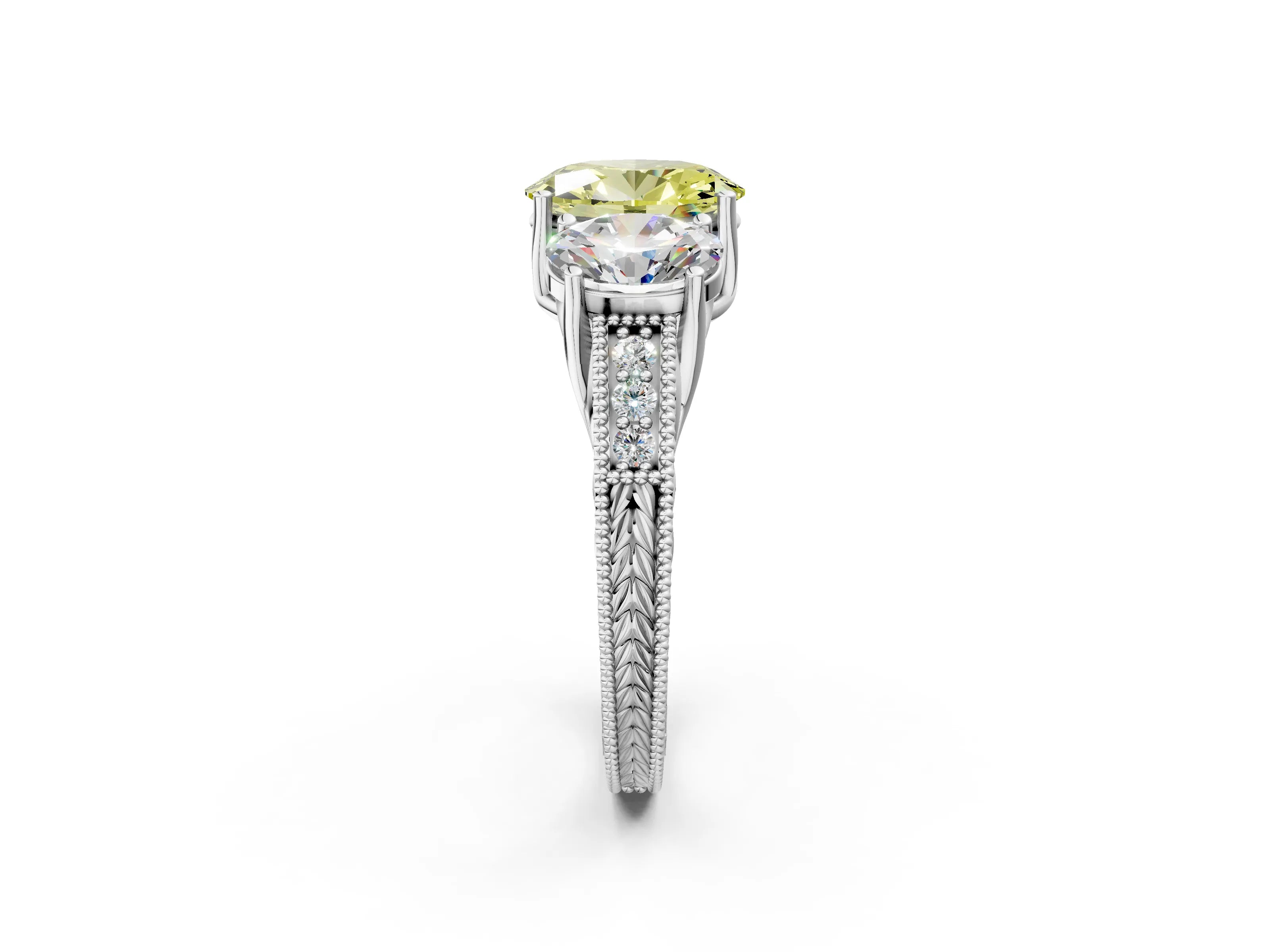 White gold Three-Stone Fancy Yellow Oval Cut Cut Milgrain Pavé Engagement Ring_14
