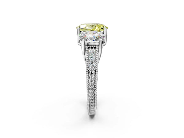 White gold Three-Stone Fancy Yellow Oval Cut Cut Milgrain Pavé Engagement Ring