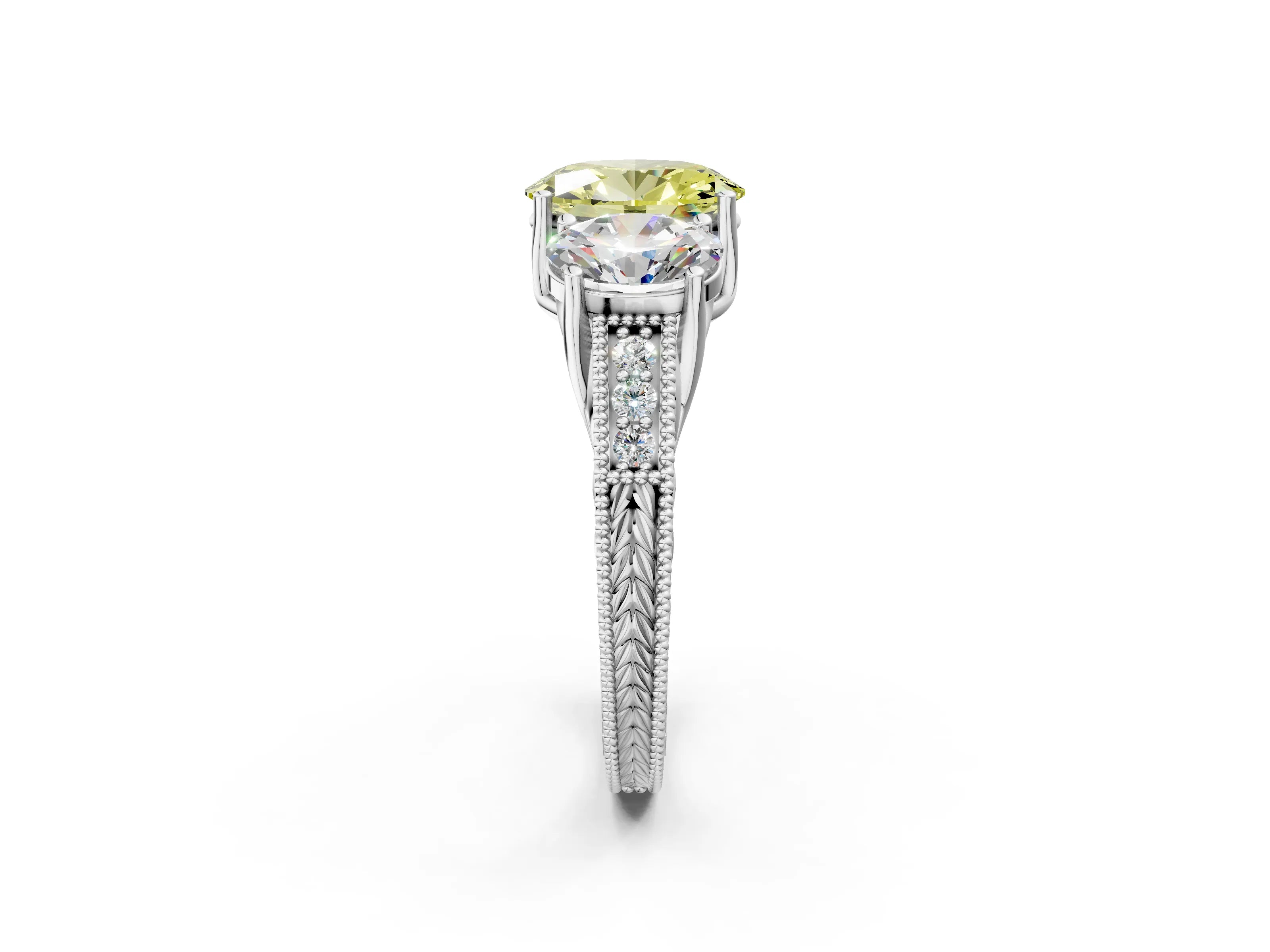 White gold Three-Stone Fancy Yellow Oval Cut Cut Milgrain Pavé Engagement Ring_14
