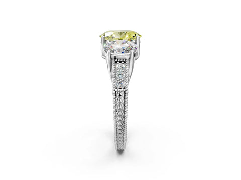 White gold Three-Stone Fancy Yellow Oval Cut Cut Milgrain Pavé Engagement Ring_14