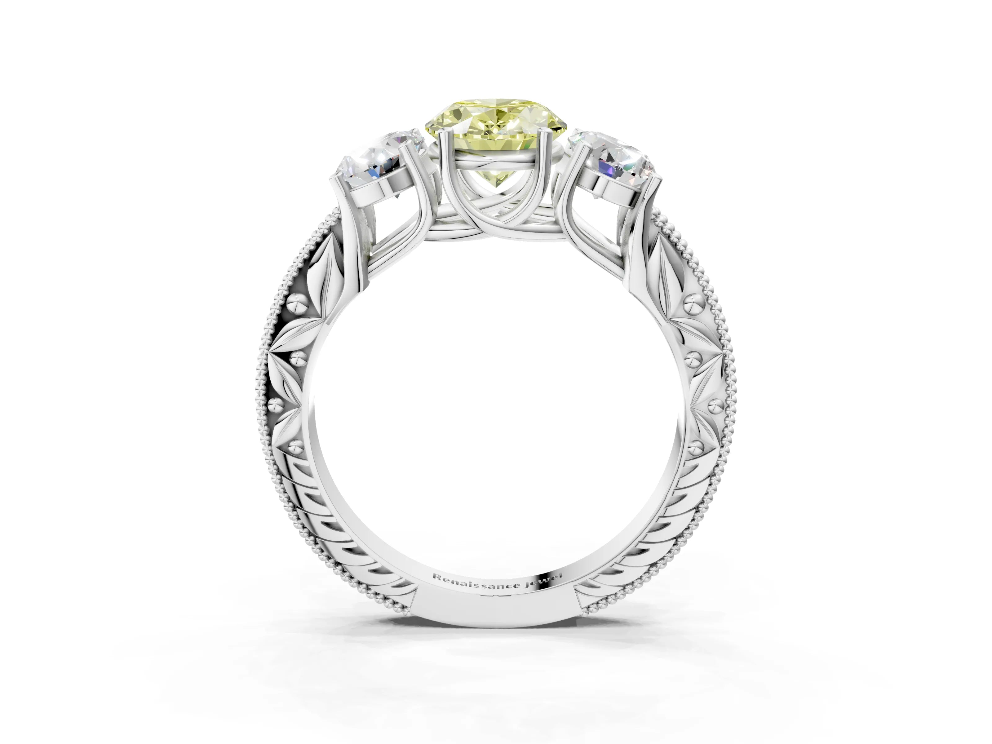 White gold Three-Stone Fancy Yellow Oval Cut Cut Milgrain Pavé Engagement Ring_15