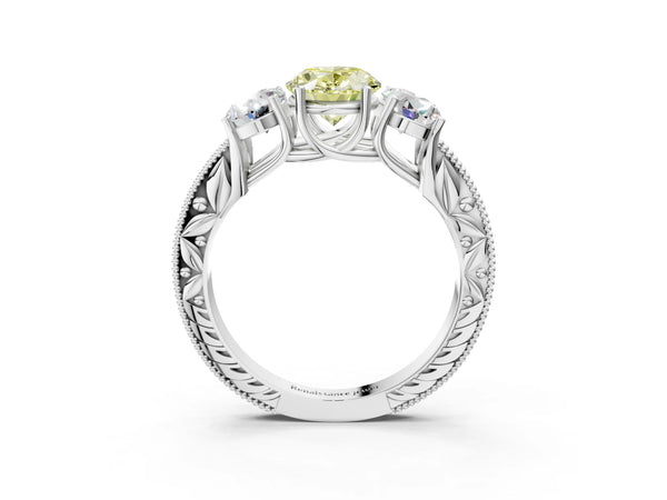 White gold Three-Stone Fancy Yellow Oval Cut Cut Milgrain Pavé Engagement Ring