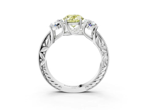 White gold Three-Stone Fancy Yellow Oval Cut Cut Milgrain Pavé Engagement Ring_15