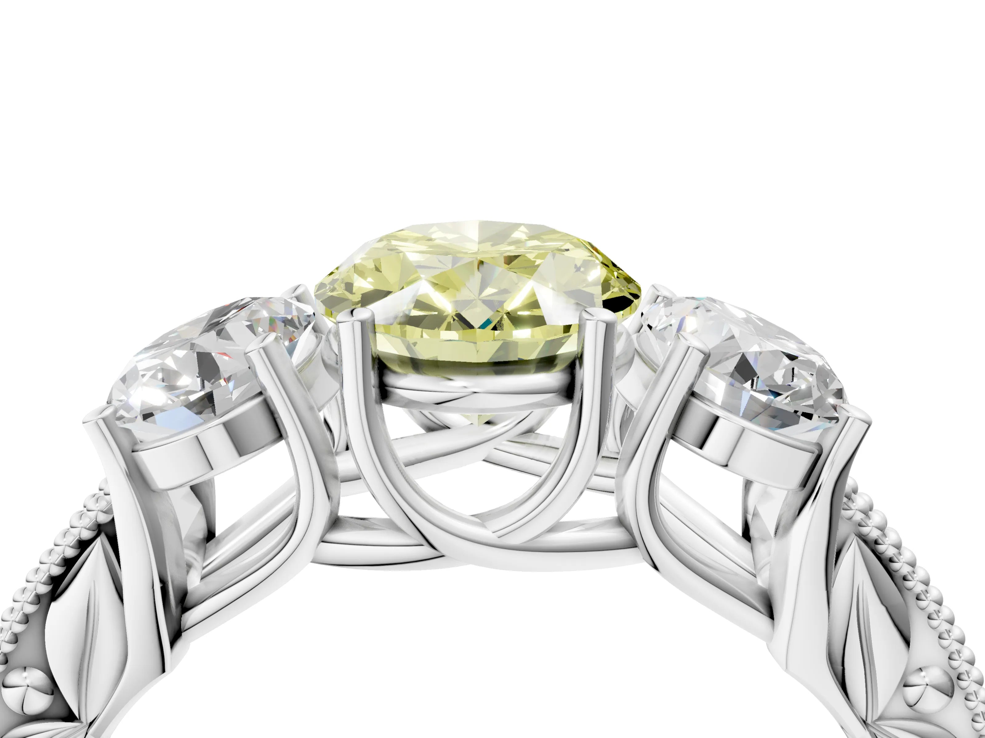 White gold Three-Stone Fancy Yellow Oval Cut Cut Milgrain Pavé Engagement Ring_16
