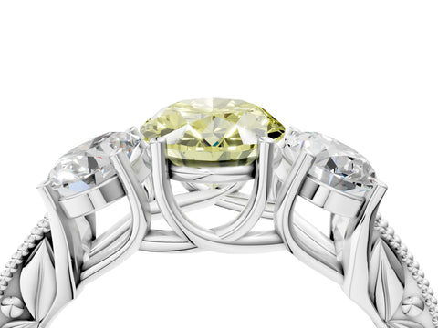 White gold Three-Stone Fancy Yellow Oval Cut Cut Milgrain Pavé Engagement Ring_16