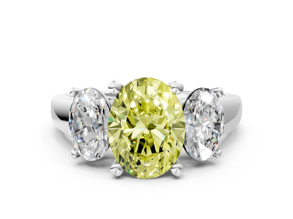Platinum Three-Stone Fancy Yellow Oval Cut Cut Solitaire Ring with Classic Prong Setting