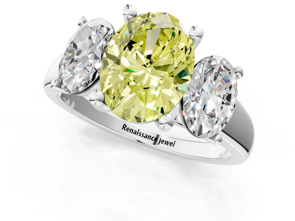 Platinum Three-Stone Fancy Yellow Oval Cut Cut Solitaire Ring with Classic Prong Setting