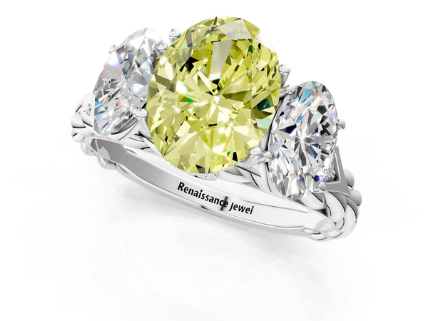 White gold Three-Stone Fancy Yellow Oval Cut Diamond Braided Band Ring with Four-Prong Setting