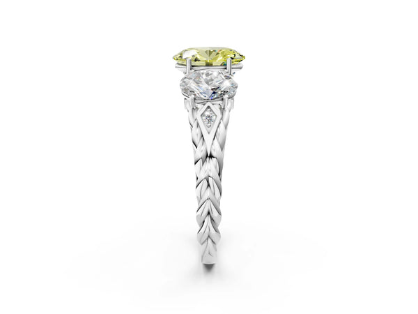 White gold Three-Stone Fancy Yellow Oval Cut Diamond Braided Band Ring with Four-Prong Setting
