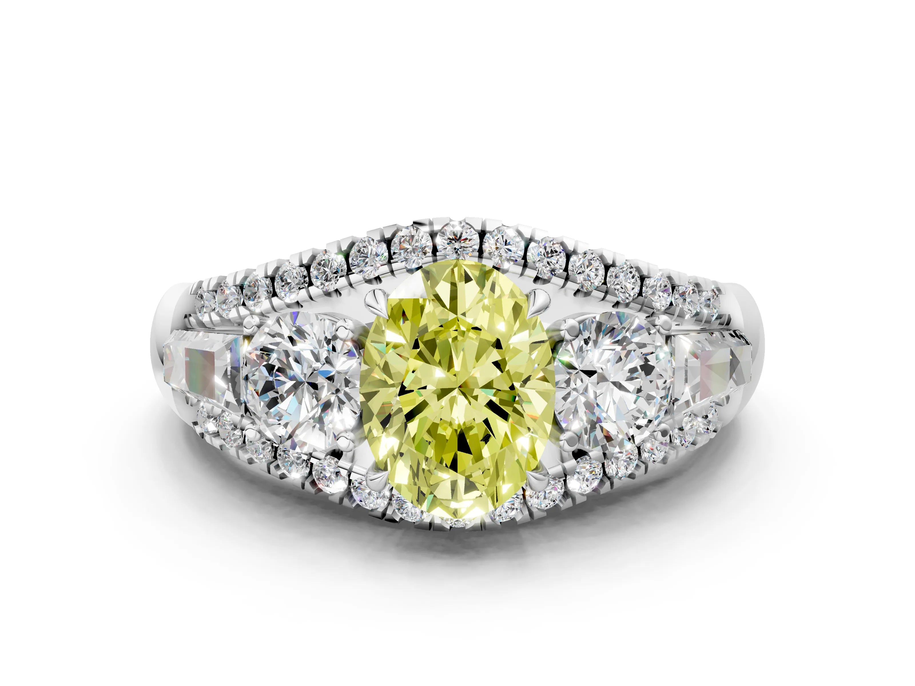 White gold Three-Stone Fancy Yellow Oval Cut Diamond Engagement Ring with Pave Band and Prong Setting_12