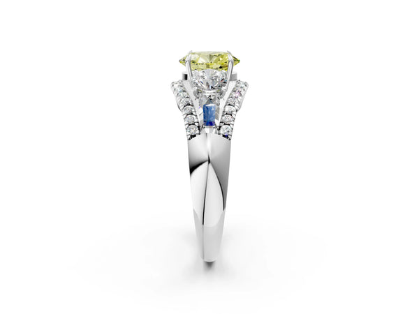 Platinum Three-Stone Fancy Yellow Oval Cut Diamond Engagement Ring with Pave Band and Prong Setting