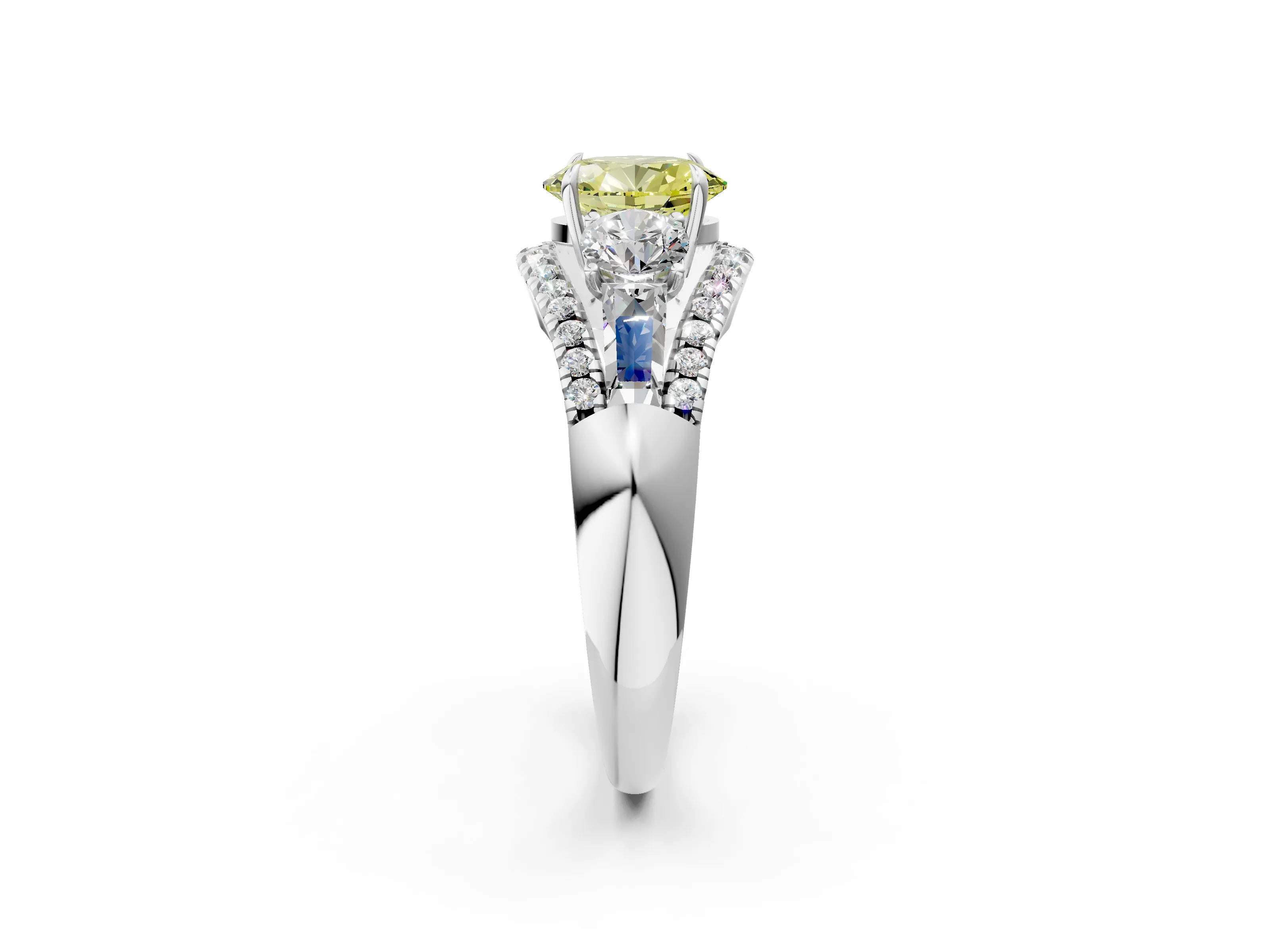 White gold Three-Stone Fancy Yellow Oval Cut Diamond Engagement Ring with Pave Band and Prong Setting_14