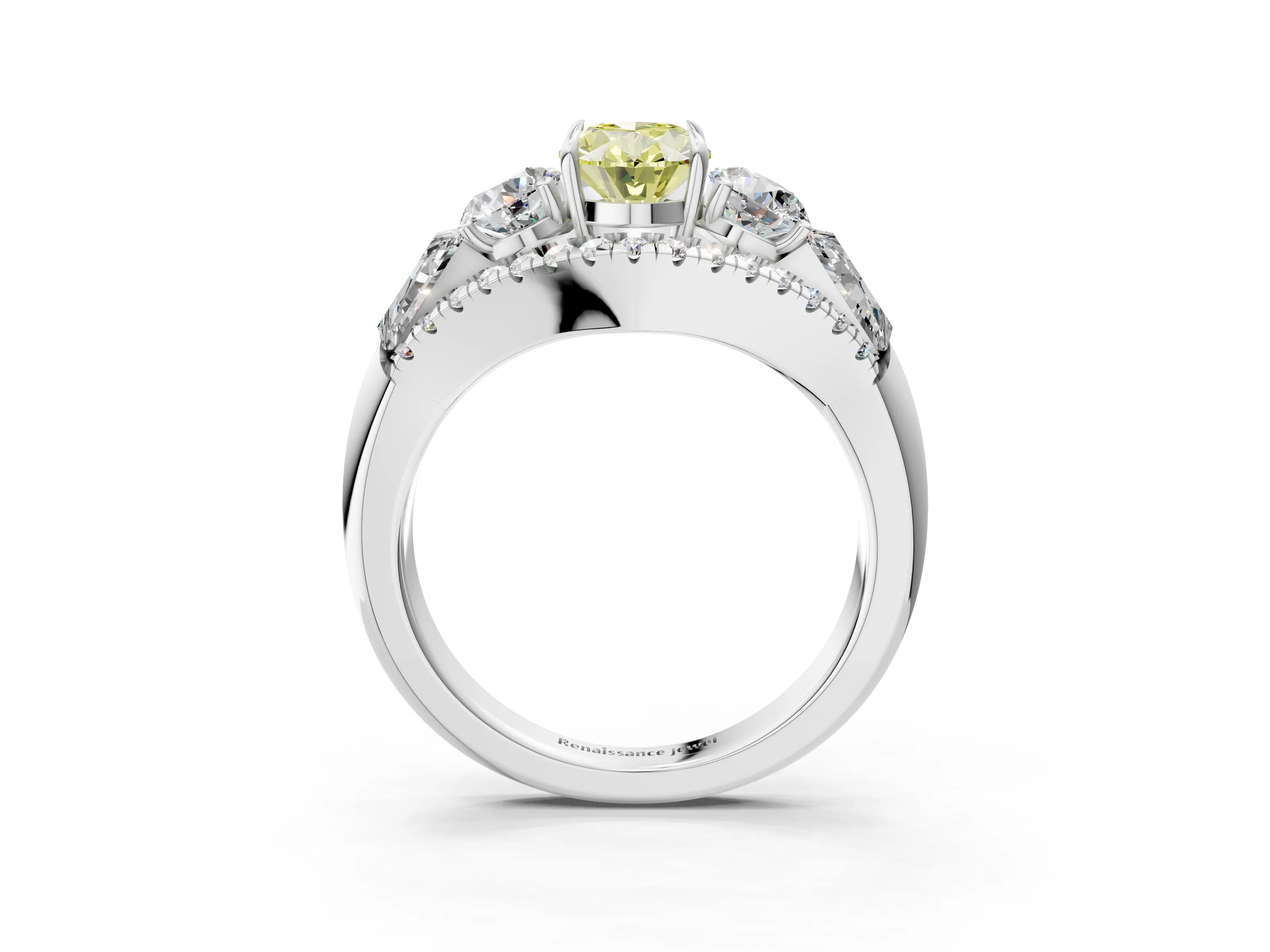 White gold Three-Stone Fancy Yellow Oval Cut Diamond Engagement Ring with Pave Band and Prong Setting_15