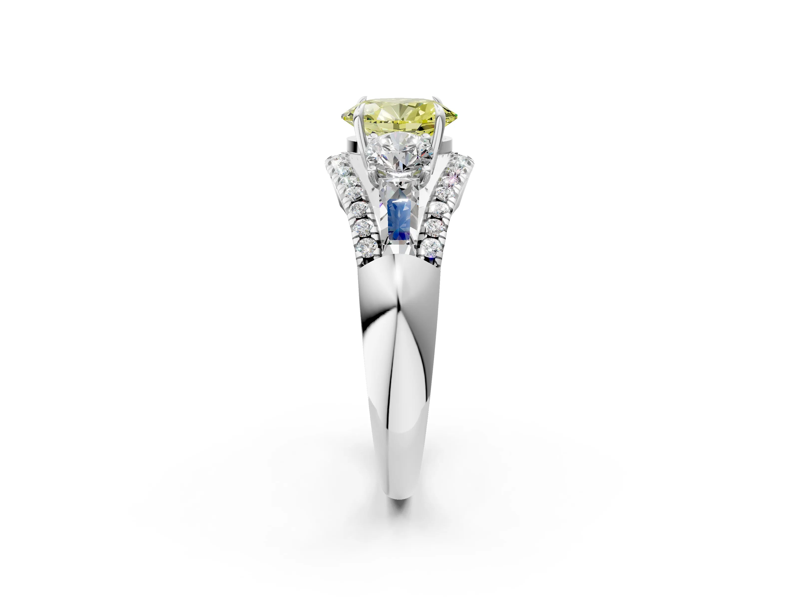 White gold Three-Stone Fancy Yellow Oval Cut Diamond Engagement Ring with Pave Band and Prong Setting_2