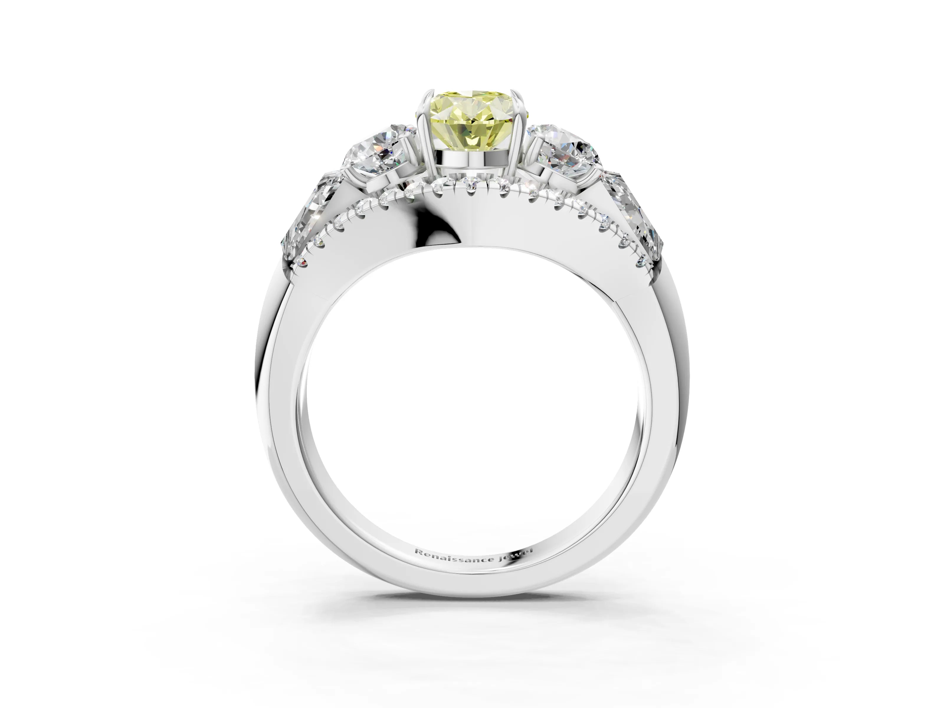 White gold Three-Stone Fancy Yellow Oval Cut Diamond Engagement Ring with Pave Band and Prong Setting_3