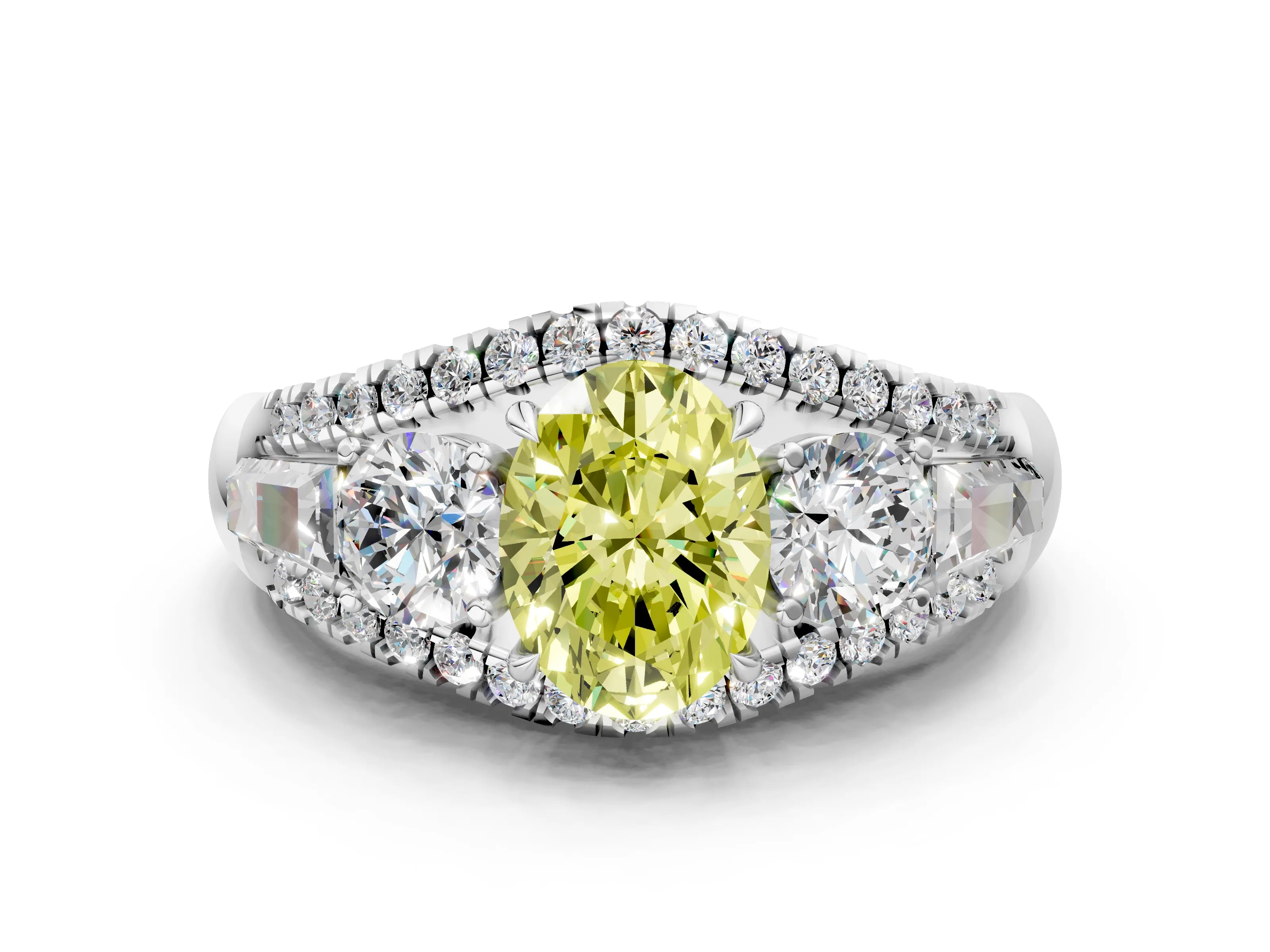 White gold Three-Stone Fancy Yellow Oval Cut Diamond Engagement Ring with Pave Band and Prong Setting