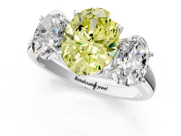 Platinum Three-Stone Fancy Yellow Oval Cut Diamond Engagement Ring with Prong Setting