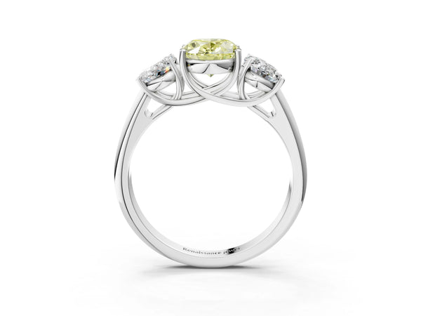 Platinum Three-Stone Fancy Yellow Oval Cut Diamond Engagement Ring with Prong Setting