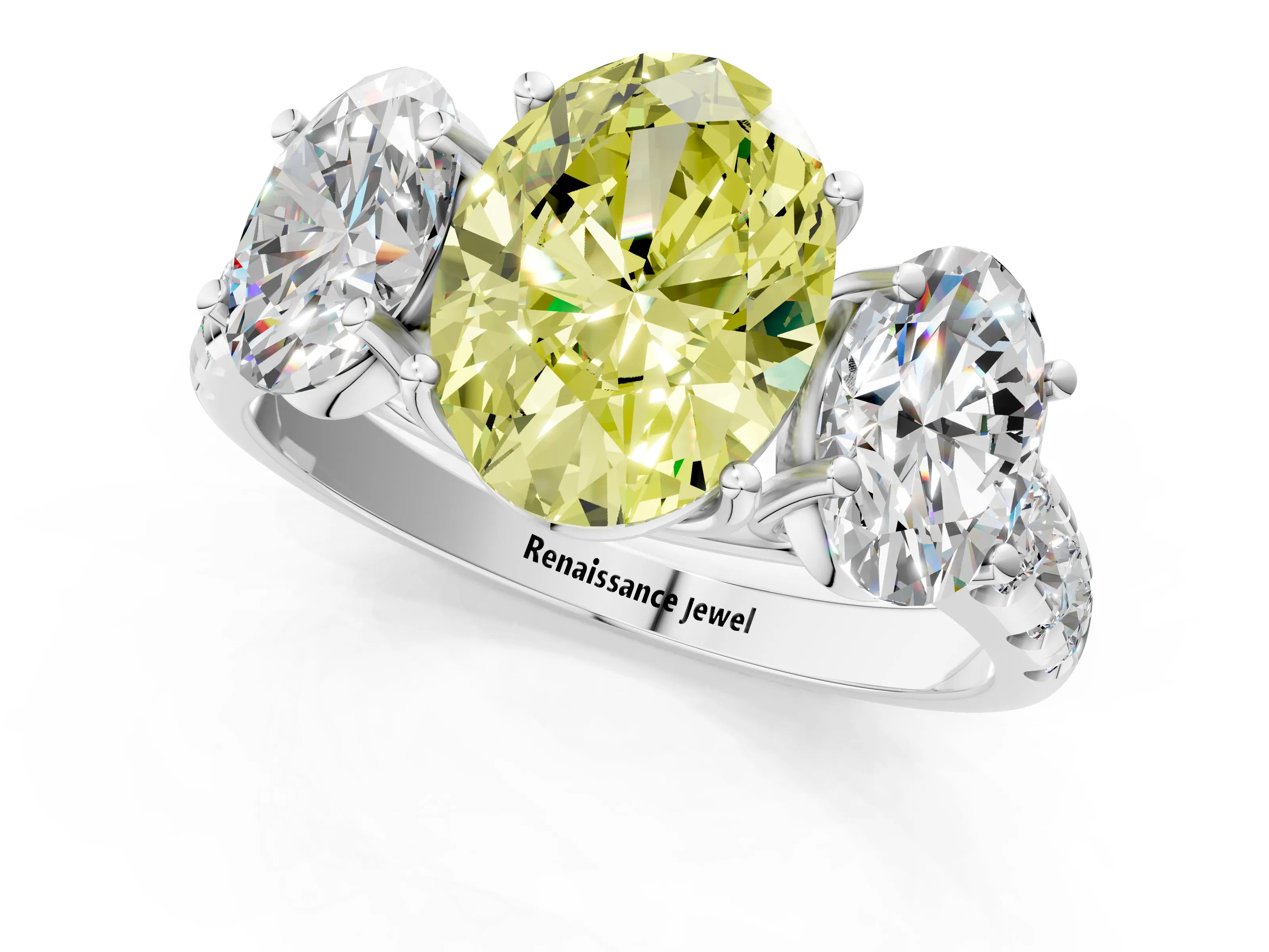 White gold Three-Stone Fancy Yellow Oval Cut Diamond Pavé Band with Prong Setting_13