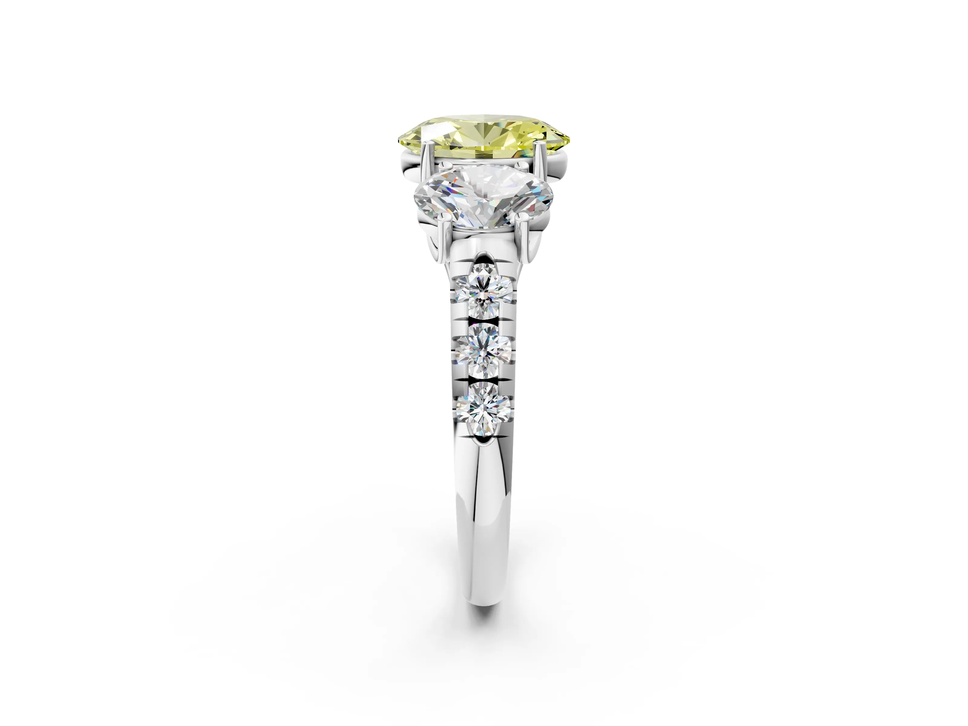 White gold Three-Stone Fancy Yellow Oval Cut Diamond Pavé Band with Prong Setting_14