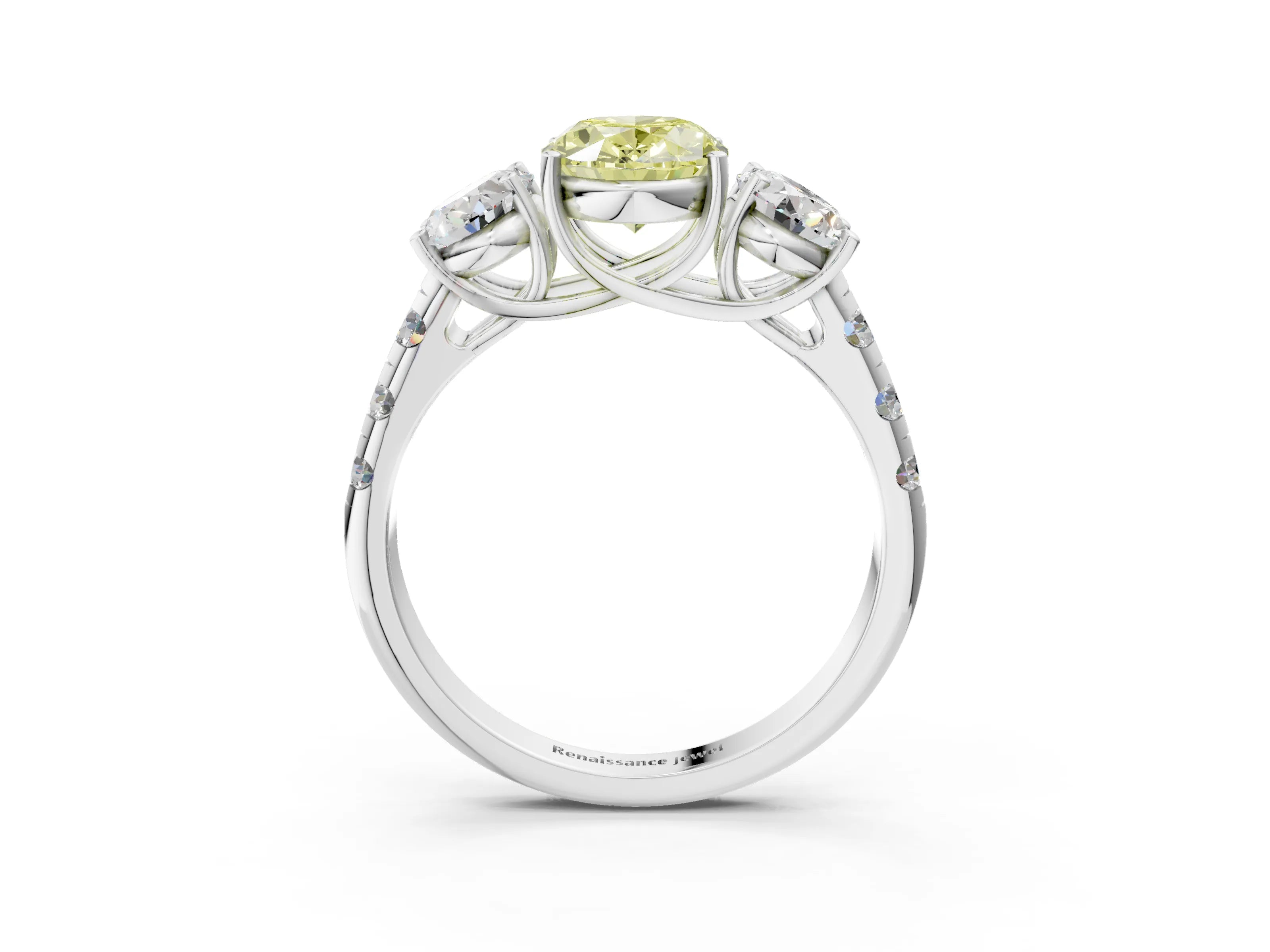 White gold Three-Stone Fancy Yellow Oval Cut Diamond Pavé Band with Prong Setting_15