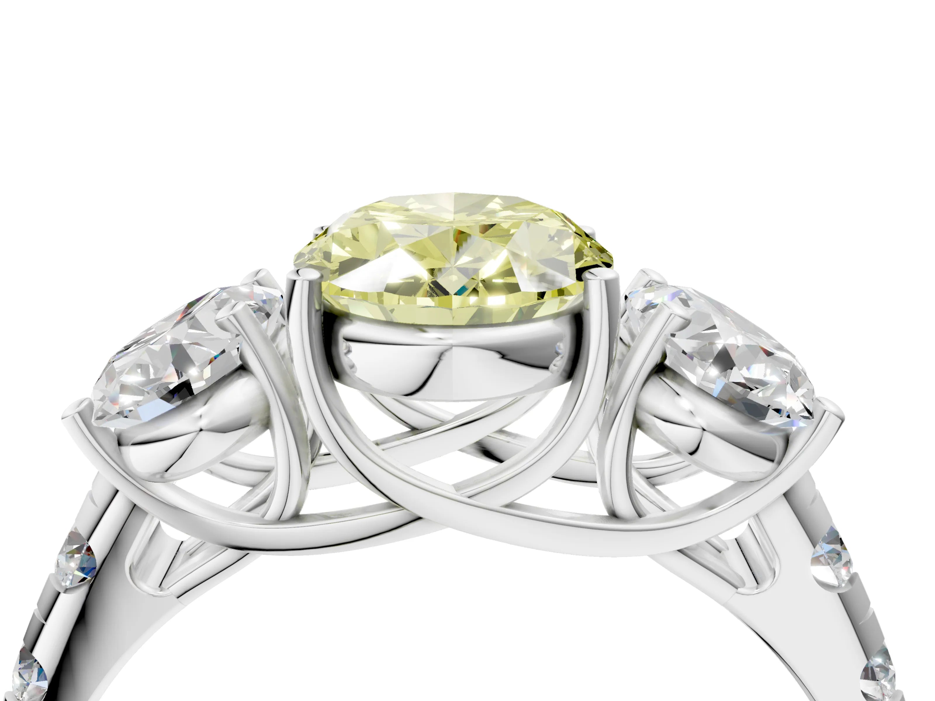 White gold Three-Stone Fancy Yellow Oval Cut Diamond Pavé Band with Prong Setting_16